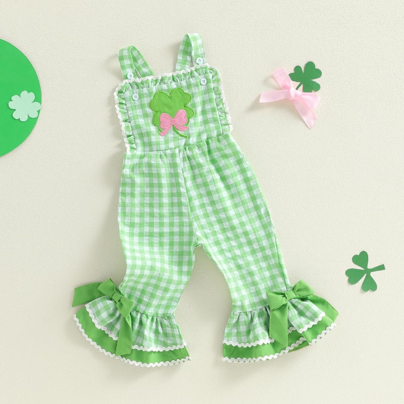 YINGISFITM Toddler Girl Outfit St Patricks Day Overalls Clover Romper Long Flared Jumpsuit Irish Shamrock Clothes (Green, 12-18 Months) - Image 5