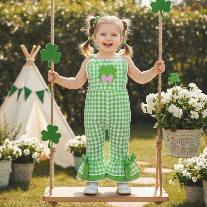 YINGISFITM Toddler Girl Outfit St Patricks Day Overalls Clover Romper Long Flared Jumpsuit Irish Shamrock Clothes (Green, 12-18 Months) - Image 2