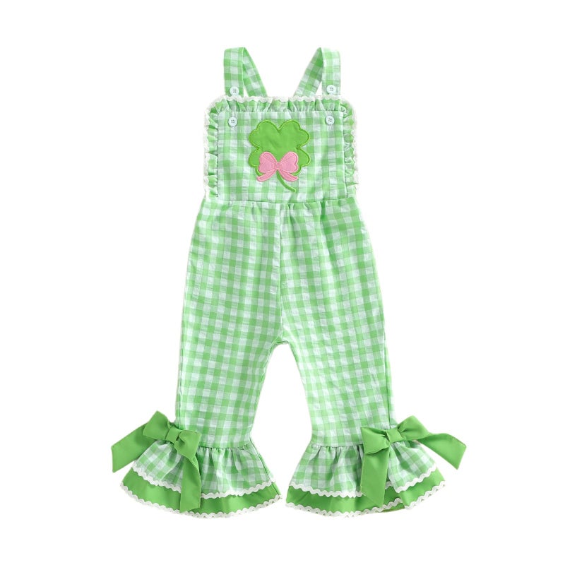 YINGISFITM Toddler Girl Outfit St Patricks Day Overalls Clover Romper Long Flared Jumpsuit Irish Shamrock Clothes (Green, 12-18 Months) - Image 1