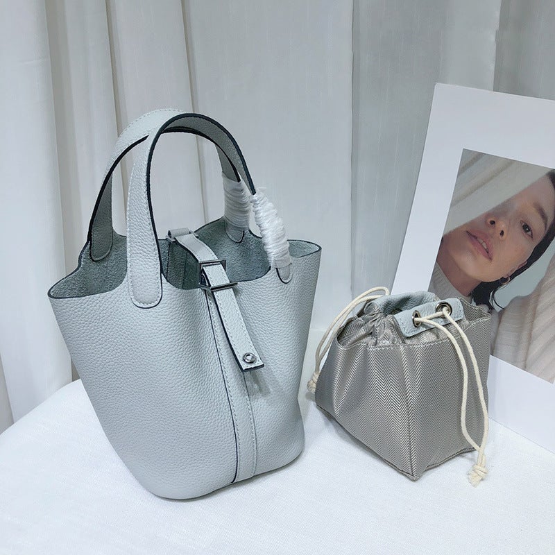Top Layer Cowhide Vegetable Basket Bag Leather Bucket Bag Commuter Fashion Lock Handbag For Women - Image 2