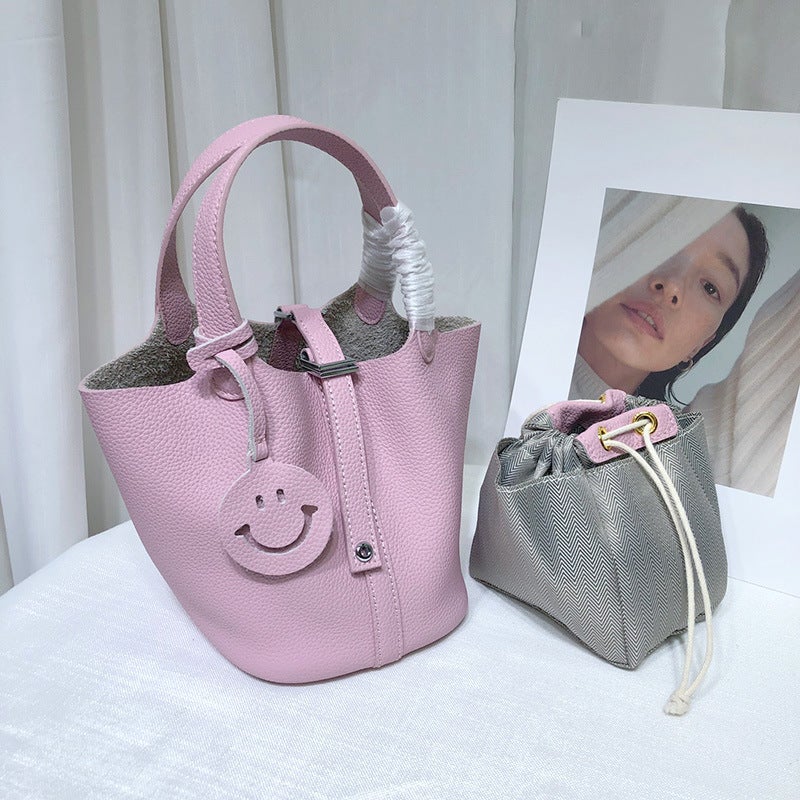Top Layer Cowhide Vegetable Basket Bag Leather Bucket Bag Commuter Fashion Lock Handbag For Women - Image 3