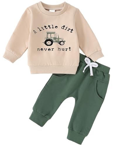 Yvowming Baby Boy Clothes Fall Clothes Truck Print Long Sleeve Pullover Tops + Pant Sets Toddler Winter Outfits (Khaki, 12-18 Months) - Image 1