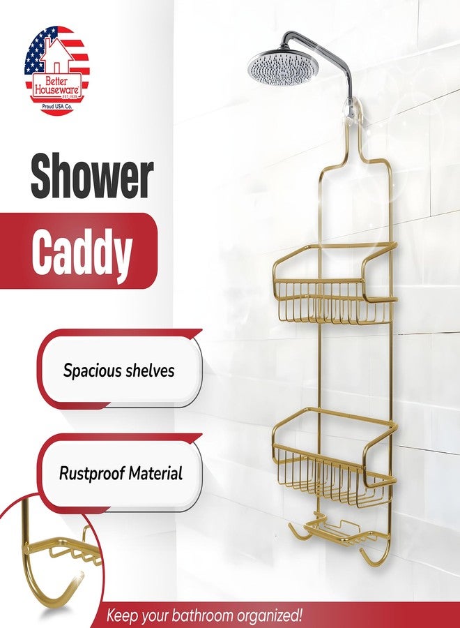 بيتر هاوسواير منظم استحمام من Better Houseware - أرفف تنظيم الاستحمام مع خطافات، رف تخزين مقاوم للصدأ للشامبو والبلسم والصابون وليفة الاستحمام - ذهبي (منظم + حامل صابون) - Image 3
