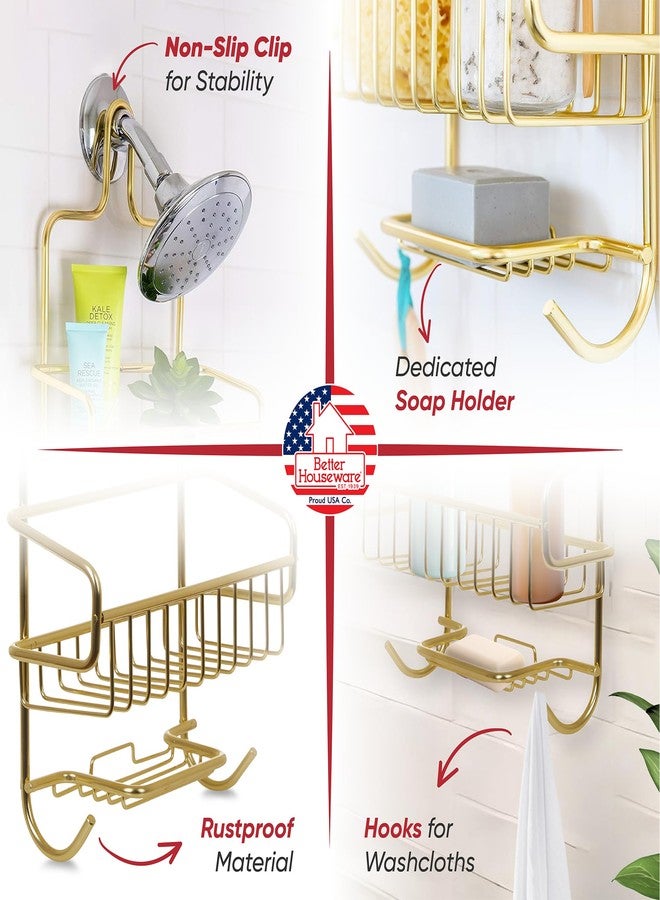 بيتر هاوسواير منظم استحمام من Better Houseware - أرفف تنظيم الاستحمام مع خطافات، رف تخزين مقاوم للصدأ للشامبو والبلسم والصابون وليفة الاستحمام - ذهبي (منظم + حامل صابون) - Image 2