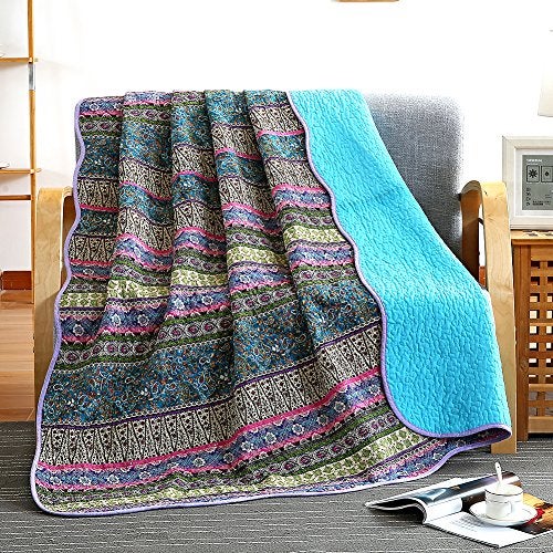 NEWLAKE بطانية كويليت NEWLAKE مع تصميم زهور عكسي، جاكار أزرق، 60X78 بوصة - Image 1