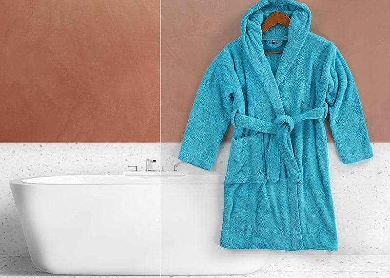 Egyptian Kids Bathrobe in Sky Blue (Horizon Blue) - 100% Cotton, Quick-Dry - Soft and Absorbent for Home and Beach Use