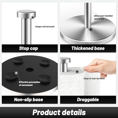 VEHHE Paper Towel Holder Countertop, Stainless Steel Paper Towel Holder Stand with Weighted Base Suction Cups, Standing Paper Towel Roll Holder for Kitchen Bathroom (Silver) - Image 4