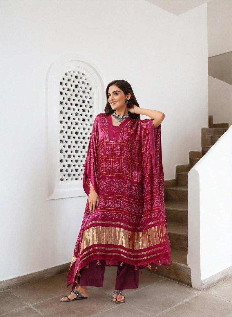 ISHIN Women's Red Viscose Embellished Midi Kaftan Straight Fit Dress  - Image 2