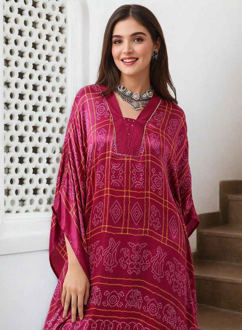 ISHIN Women's Red Viscose Embellished Midi Kaftan Straight Fit Dress  - Image 5