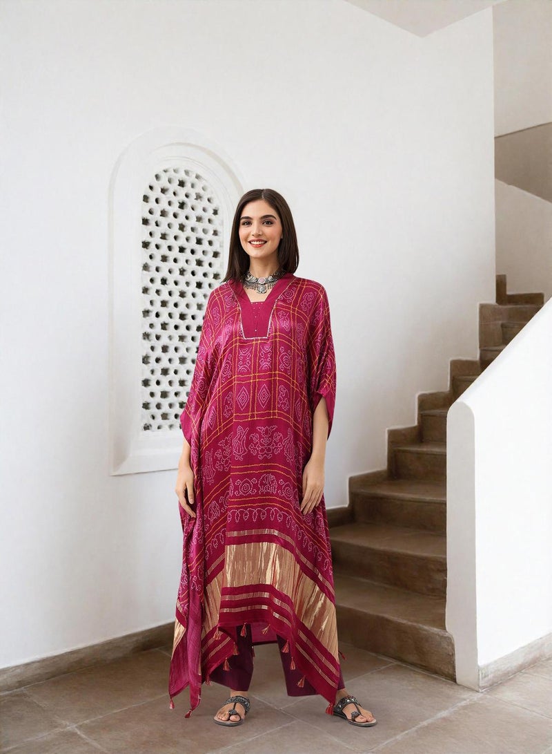ISHIN Women's Red Viscose Embellished Midi Kaftan Straight Fit Dress  - Image 1