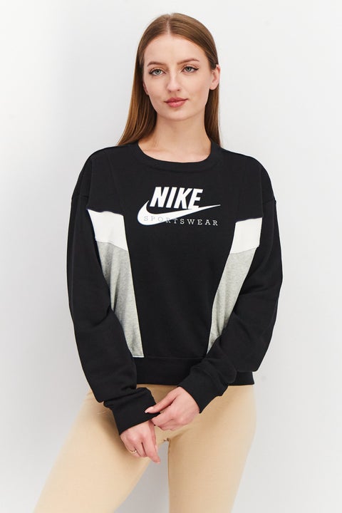 Women Round Neck Long Sleeve Brad Logo Printed Sweatshirt, Black/Grey