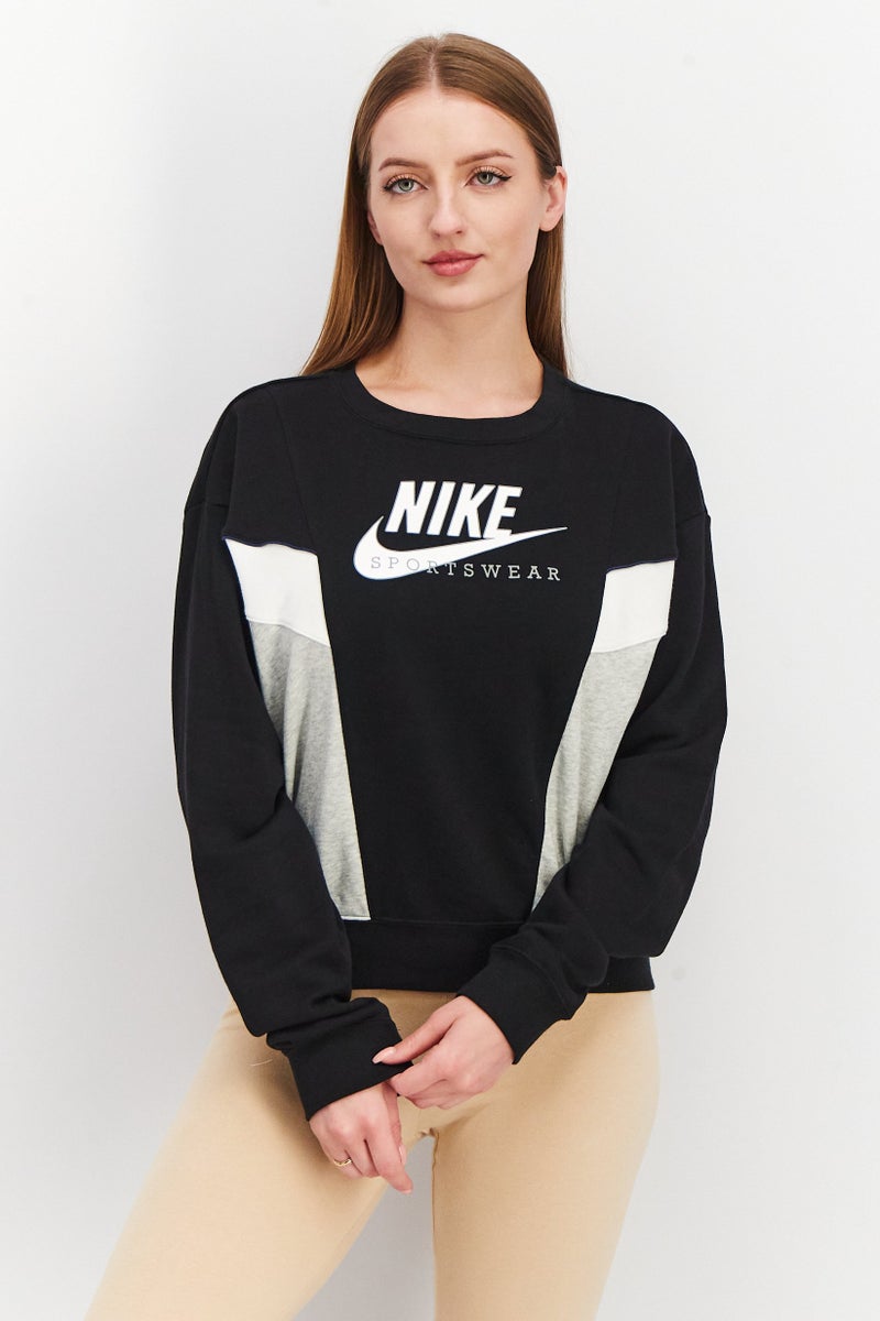 Nike Women Round Neck Long Sleeve Brad Logo Printed Sweatshirt, Black/Grey - Image 1