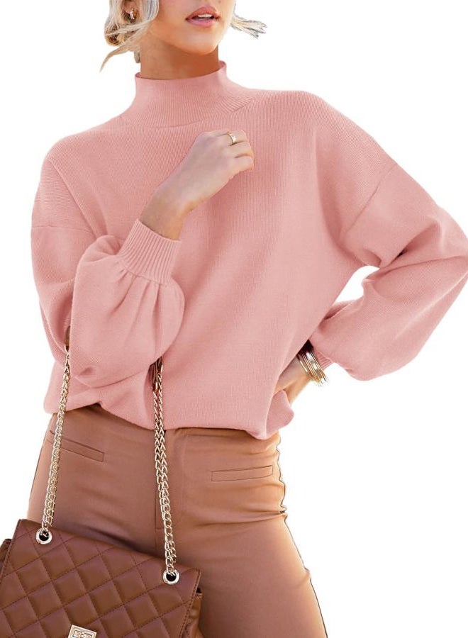 ANCAPELION Womens Winter Pink Sweater Pullover Causal Mock Neck Lantern Sleeve Knitted Comfy Jumper Basic Solid Ribbled Outwear Tops XX-Large, Pure pink, XXL - Image 1