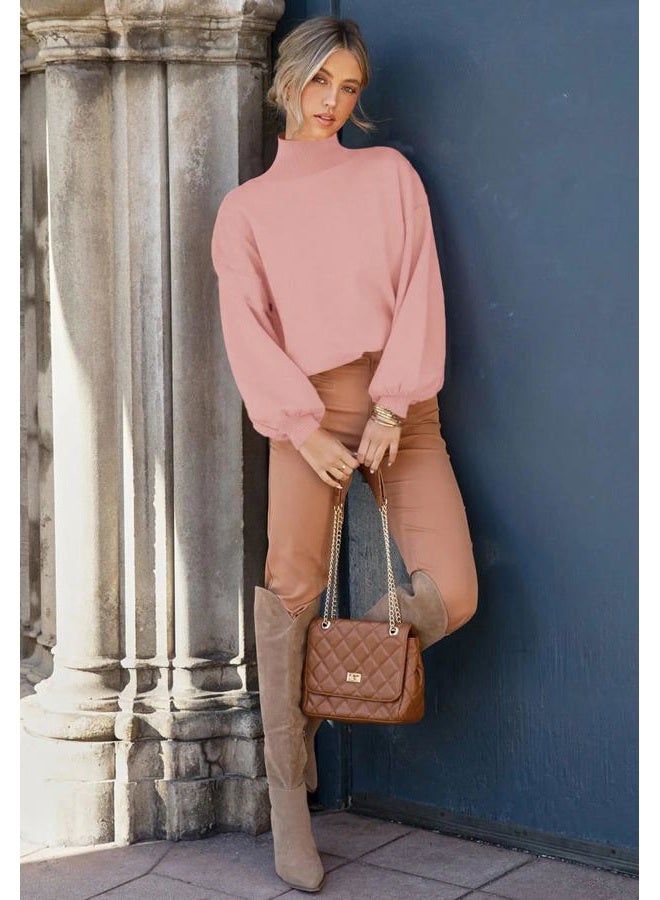 ANCAPELION Womens Winter Pink Sweater Pullover Causal Mock Neck Lantern Sleeve Knitted Comfy Jumper Basic Solid Ribbled Outwear Tops XX-Large, Pure pink, XXL - Image 2