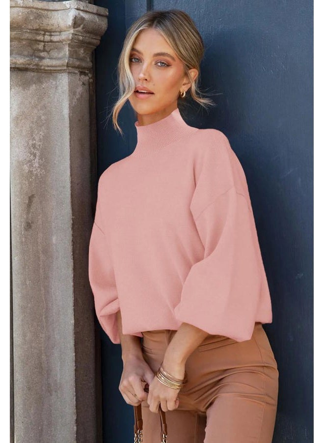 ANCAPELION Womens Winter Pink Sweater Pullover Causal Mock Neck Lantern Sleeve Knitted Comfy Jumper Basic Solid Ribbled Outwear Tops XX-Large, Pure pink, XXL - Image 3