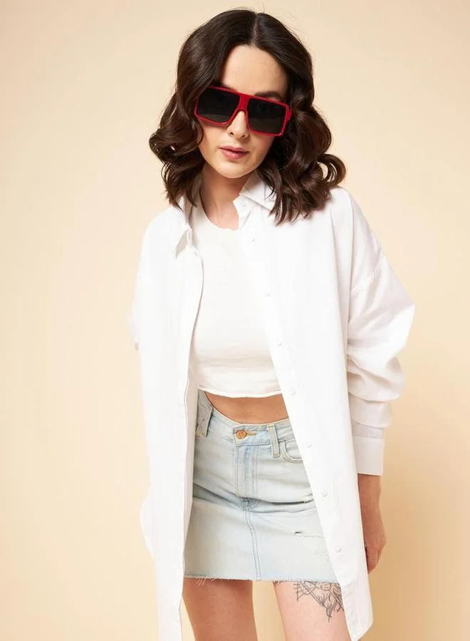 HIGH STAR White Oversized Solid Cotton Casual Shirt