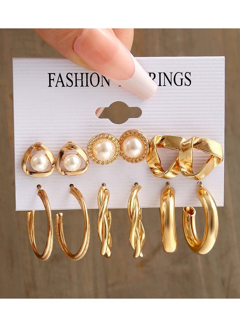 Goolsky 6-Pair Vintage Pearl & Geometric Hoop Earrings Set – Audrey Hepburn Style, Retro Metal Earrings for Women 