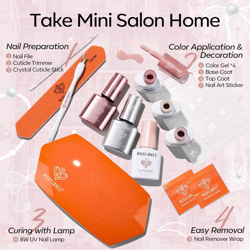 modelones Gel Nail Polish Kit with U V Light, 4 Colors Gel Mini Salon, Base&Top Coat and Stickers, Milky White Nude Pink Glitter Fall Manicure Set, DIY Home Nail Art Decoration Kit, Gift for Women - Image 5