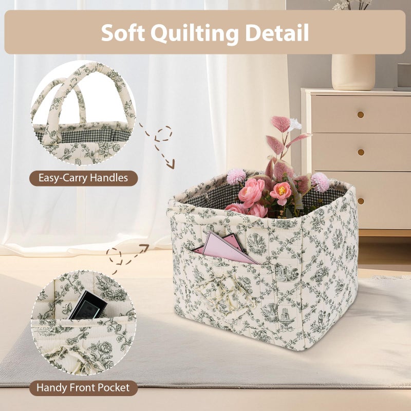 ANKICK Storage Basket Boho Fabric Large Collapsible Floral Laundry Nursery Hamper Portable Folding Storage for Clothes Toys (Vine-Green) - Image 5
