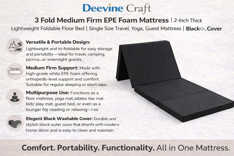 Deevine Craft 3 Fold Medium Firm EPE Foam Mattress | 2-Inch Thick Lightweight Foldable Floor Bed | Single Size Travel, Yoga, Guest Mattress | Black Cover | Tri-Fold Portable - Image 5