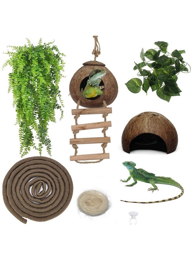 Kathson - Leopard Gecko Tank Accessories Bearded Dragon Habitat Decor Reptile Hanging Plants Artificial Bendable Climbing Vines Lizard Hidden Coconut Shell Hole Hut For Chameleon, Snake, Iguana, Turtle - Image 1
