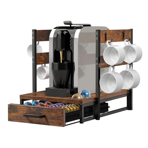Evermagin Coffee Pod Holder, Vertuo Pod Holder Compatible with Nespresso, 28 Large or 56 Small Nespresso Capsule Organizer Drawer Station with Cup Rack, Rustic Brown - Image 1