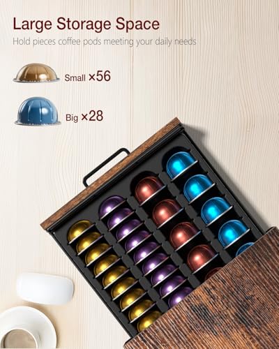 Evermagin Coffee Pod Holder, Vertuo Pod Holder Compatible with Nespresso, 28 Large or 56 Small Nespresso Capsule Organizer Drawer Station with Cup Rack, Rustic Brown - Image 3