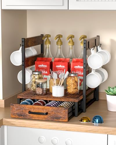 Evermagin Coffee Pod Holder, Vertuo Pod Holder Compatible with Nespresso, 28 Large or 56 Small Nespresso Capsule Organizer Drawer Station with Cup Rack, Rustic Brown - Image 4