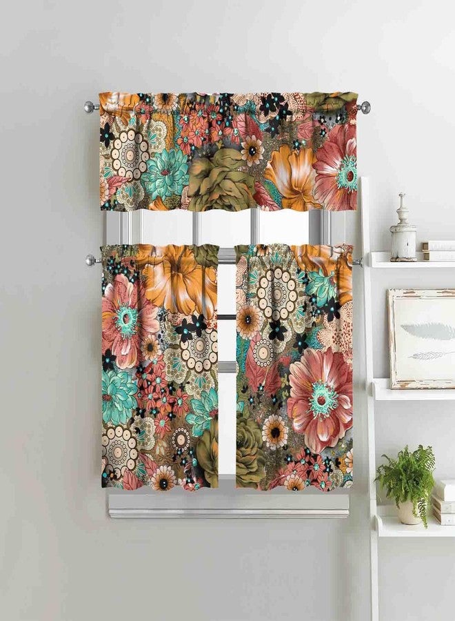 sdhinlwo Boho Kitchen Curtains Sets for Windows Bohemian Flower Kitchen Curtain Sink Window Valance 3 Piece Set Boho Floral Kitchen Decor for Living Room Bedroom 54x36 Inches - Image 5