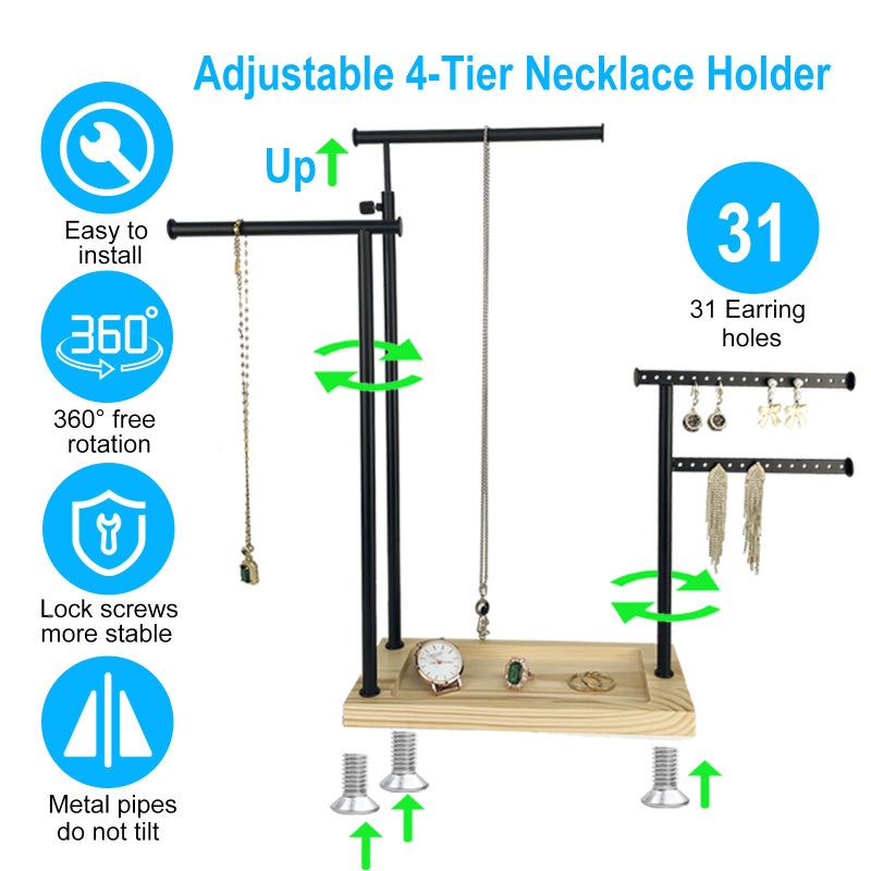 lengnoyp Premium Jewelry Stand, 4-Tier Storage Necklace Holder Stand, Earring Holder AdjustableTall 20I N (Max), Jewelry Organizer for Necklace, Bracelet, Earring, Black - Image 4