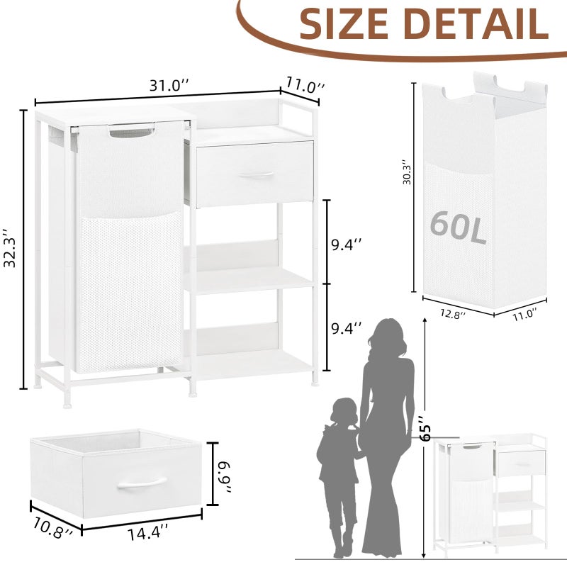 Somdot Laundry Hamper with Fabric Drawer and Shelves, Laundry Basket Sorter with 15.8 Gallons (60L) Pull-Out and Removable Bag, White Leather - Image 3