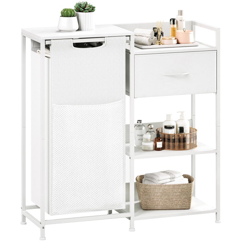 Somdot Laundry Hamper with Fabric Drawer and Shelves, Laundry Basket Sorter with 15.8 Gallons (60L) Pull-Out and Removable Bag, White Leather - Image 1