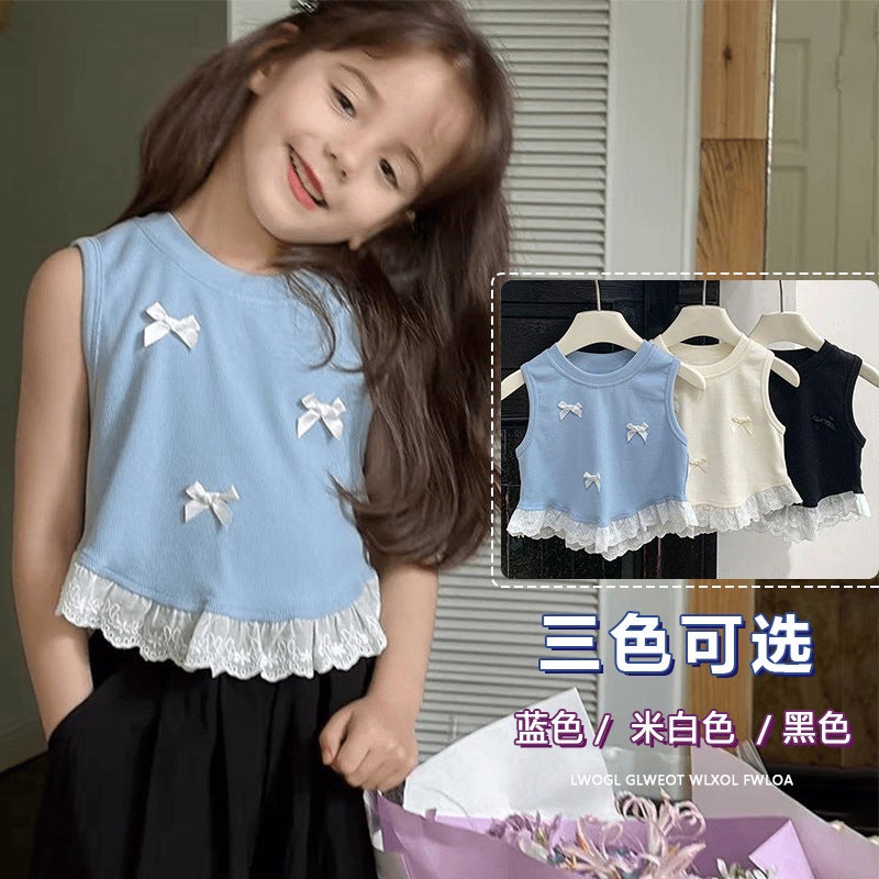2025 Girls New Children's Clothing Bow Vest Sleeveless Summer Clothes New Children's Sweet Patchwork Sleeveless T-Shirt - Image 2