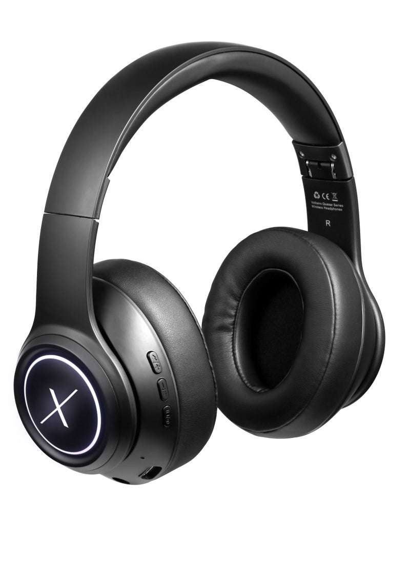Volkano - VolkanoX Quasar Premium Series Bluetooth Wireless Head Phones Extendables with LED Light, FM Radio, Hands - Free Calling, 22 Hr Playtime, SD Card Reader - Black, 1 Year Warranty - Image 1