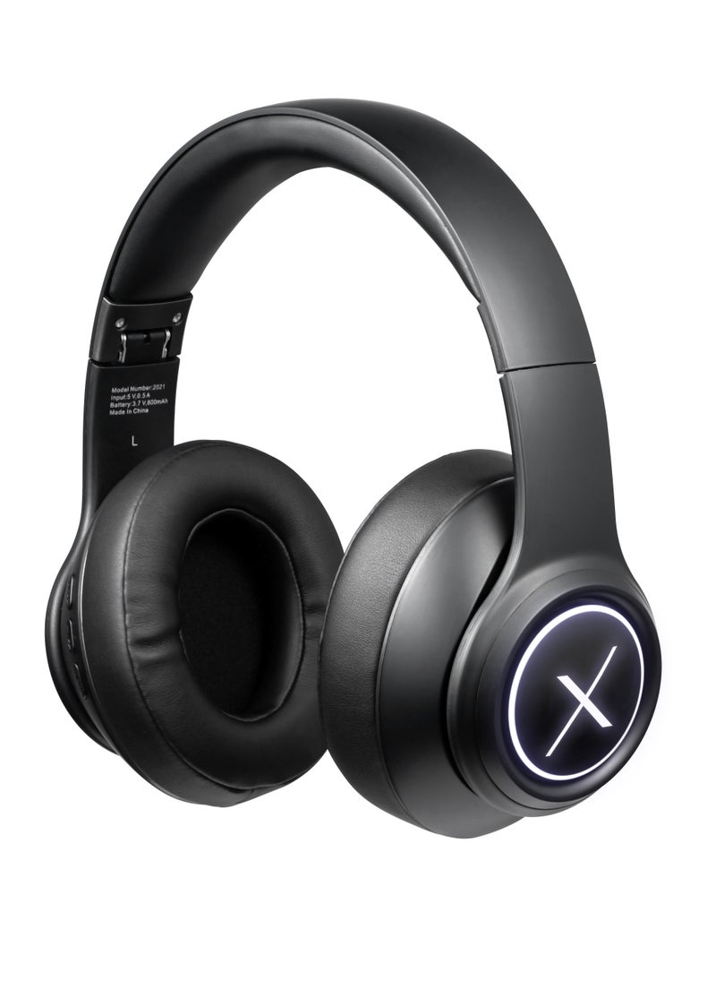 Volkano - VolkanoX Quasar Premium Series Bluetooth Wireless Head Phones Extendables with LED Light, FM Radio, Hands - Free Calling, 22 Hr Playtime, SD Card Reader - Black, 1 Year Warranty - Image 1