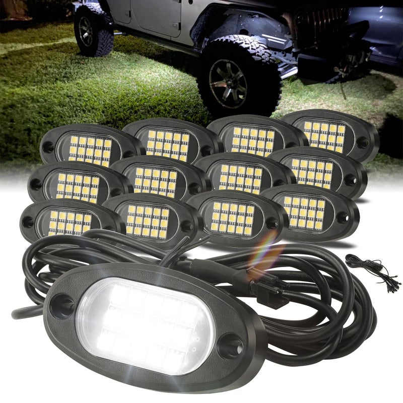 Winunite 12 Pods Quick Connect White Rock Lights 4M Extension Wires Each Light 15 SMD Chips High Adhesive Stickers 6000K Pure White IP67 Waterproof Fit for Trucks Trailer SUV ATV UTV
