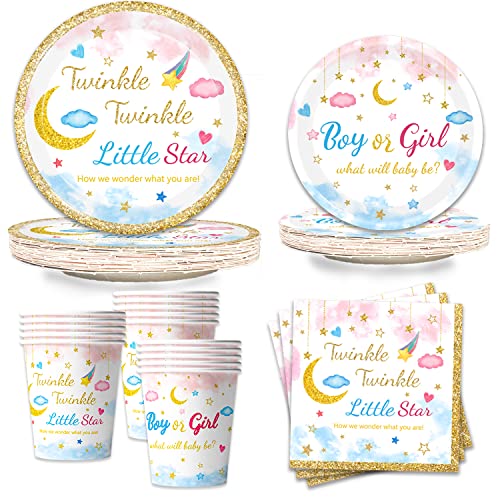 Oigco 96Pcs Twinkle Twinkle Little Star Gender Reveal Party Supplies Tableware Set little Star Baby Shower Plates Napkins Forks Dinnerware for Baby Shower Decorations Girls or Boys Theme Party 24 Guests - Image 1