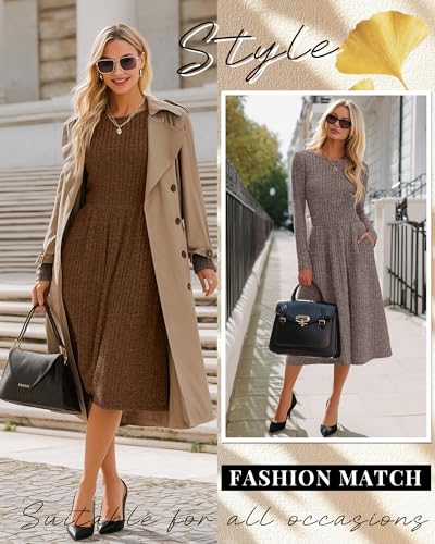 Riyiper 2 Pack Women's Long Sleeve Sweater Dress Ribbed Pleated Casual Round Neck Knee Length Dress with Pocket(Light Coffee, Brown,XX-Large) - Image 3