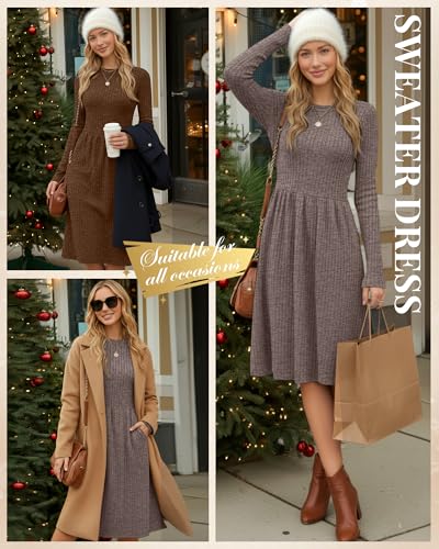 Riyiper 2 Pack Women's Long Sleeve Sweater Dress Ribbed Pleated Casual Round Neck Knee Length Dress with Pocket(Light Coffee, Brown,XX-Large) - Image 4