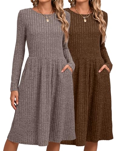 Riyiper 2 Pack Women's Long Sleeve Sweater Dress Ribbed Pleated Casual Round Neck Knee Length Dress with Pocket(Light Coffee, Brown,XX-Large) - Image 1