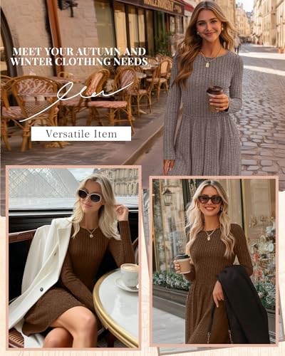 Riyiper 2 Pack Women's Long Sleeve Sweater Dress Ribbed Pleated Casual Round Neck Knee Length Dress with Pocket(Light Coffee, Brown,XX-Large) - Image 2