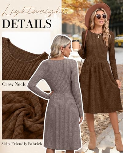 Riyiper 2 Pack Women's Long Sleeve Sweater Dress Ribbed Pleated Casual Round Neck Knee Length Dress with Pocket(Light Coffee, Brown,XX-Large) - Image 5
