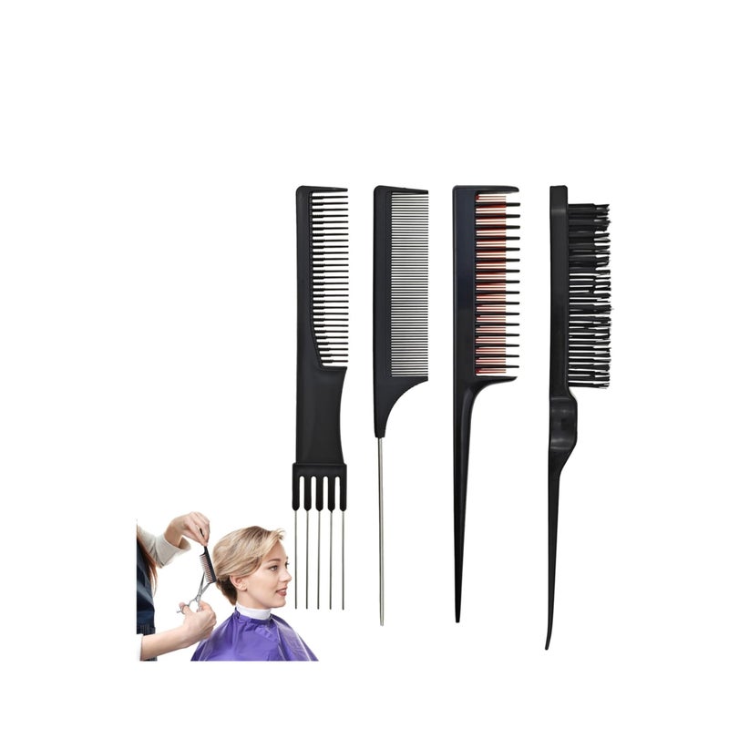 SOLARAE 4 PACK Pick Teasing Combs Hair Brush Set Carbon Lift Triple Pin Rat Tail Comb, Nylon Bristle Hair Comb Brush for All Hair Types Barber Supplies - Image 1