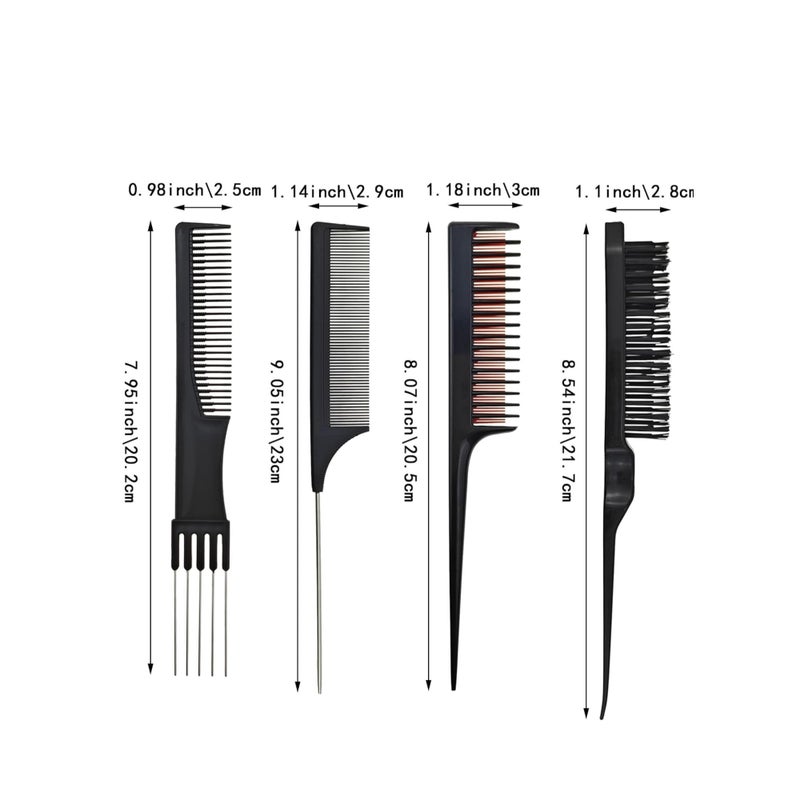SOLARAE 4 PACK Pick Teasing Combs Hair Brush Set Carbon Lift Triple Pin Rat Tail Comb, Nylon Bristle Hair Comb Brush for All Hair Types Barber Supplies - Image 2