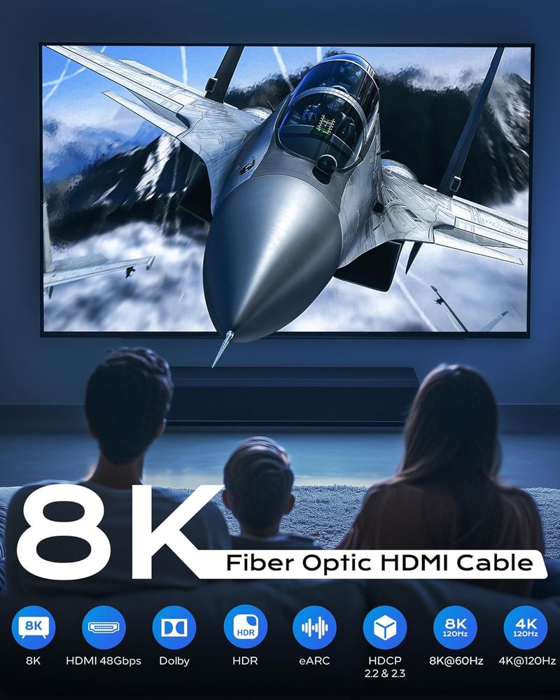 Cratree كابل HDMI ضوئي 8K بطول 75 قدمًا - 48 جيجابت في الثانية HDMI 2.1، كابل HDMI فائق السرعة، 8K 60Hz، 4K120Hz، متوافق مع HDCP 2.2&2.3 و HDR10 - متوافق مع Fire Roku Apple HDTV، الشاشات، أجهزة العرض - Image 5