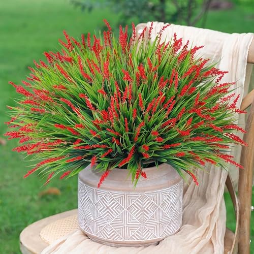 HyeFlora Artificial Fake Flowers Outdoor Plants for Summer Decoration10 Bundles Faux Plastic Tall Monkey Grass Greenery UV Resistant Realistic Lavender for Home Planter Window Porch GardenRed - Image 1