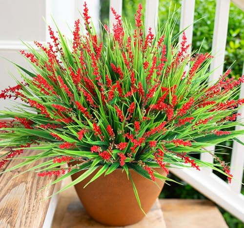 HyeFlora Artificial Fake Flowers Outdoor Plants for Summer Decoration10 Bundles Faux Plastic Tall Monkey Grass Greenery UV Resistant Realistic Lavender for Home Planter Window Porch GardenRed - Image 3