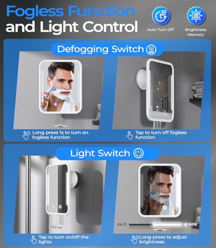 Gospire Heated Shower Mirror Fogless for Shaving with Light, 5000mAh Rechargeable Battery, Detachable Suction Cup and Razor Holder for Wall, NO-Drilling, Removable, Waterproof for Bathroom - White - Image 4