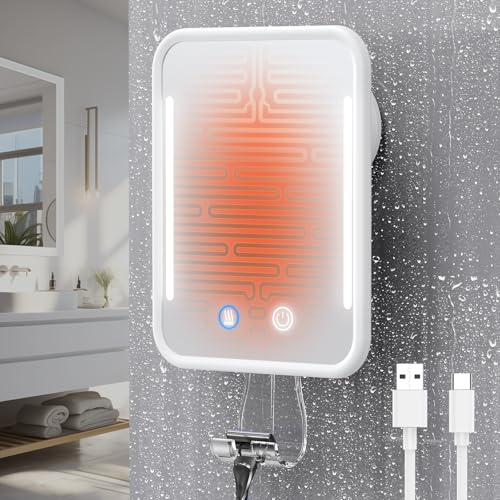Gospire Heated Shower Mirror Fogless for Shaving with Light, 5000mAh Rechargeable Battery, Detachable Suction Cup and Razor Holder for Wall, NO-Drilling, Removable, Waterproof for Bathroom - White - Image 1