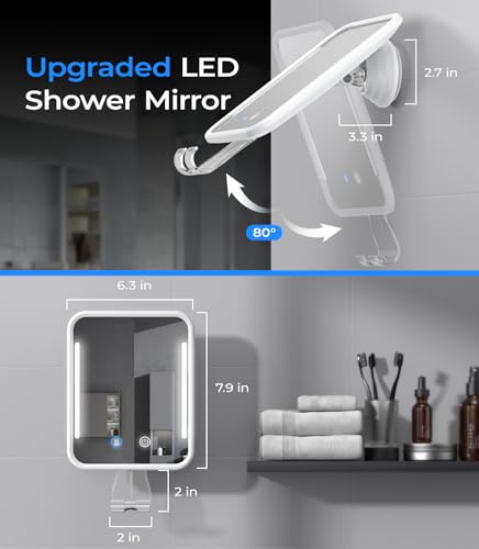 Gospire Heated Shower Mirror Fogless for Shaving with Light, 5000mAh Rechargeable Battery, Detachable Suction Cup and Razor Holder for Wall, NO-Drilling, Removable, Waterproof for Bathroom - White - Image 3
